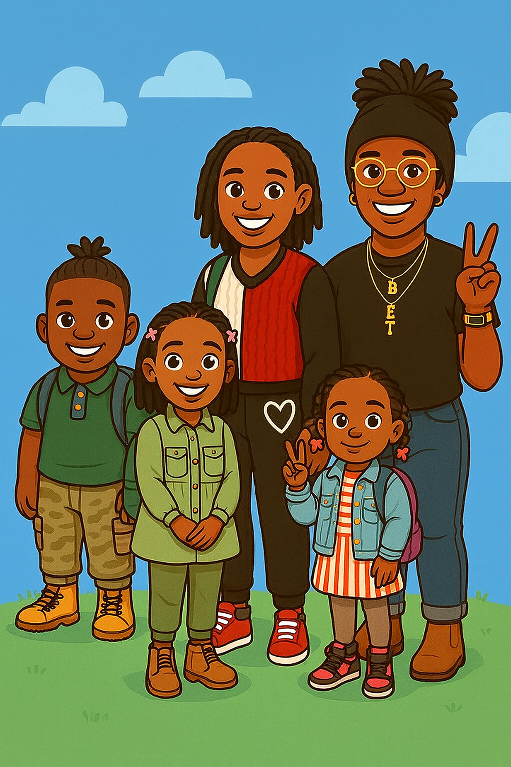 Cartoon illustration of Taylor and her four children standing together